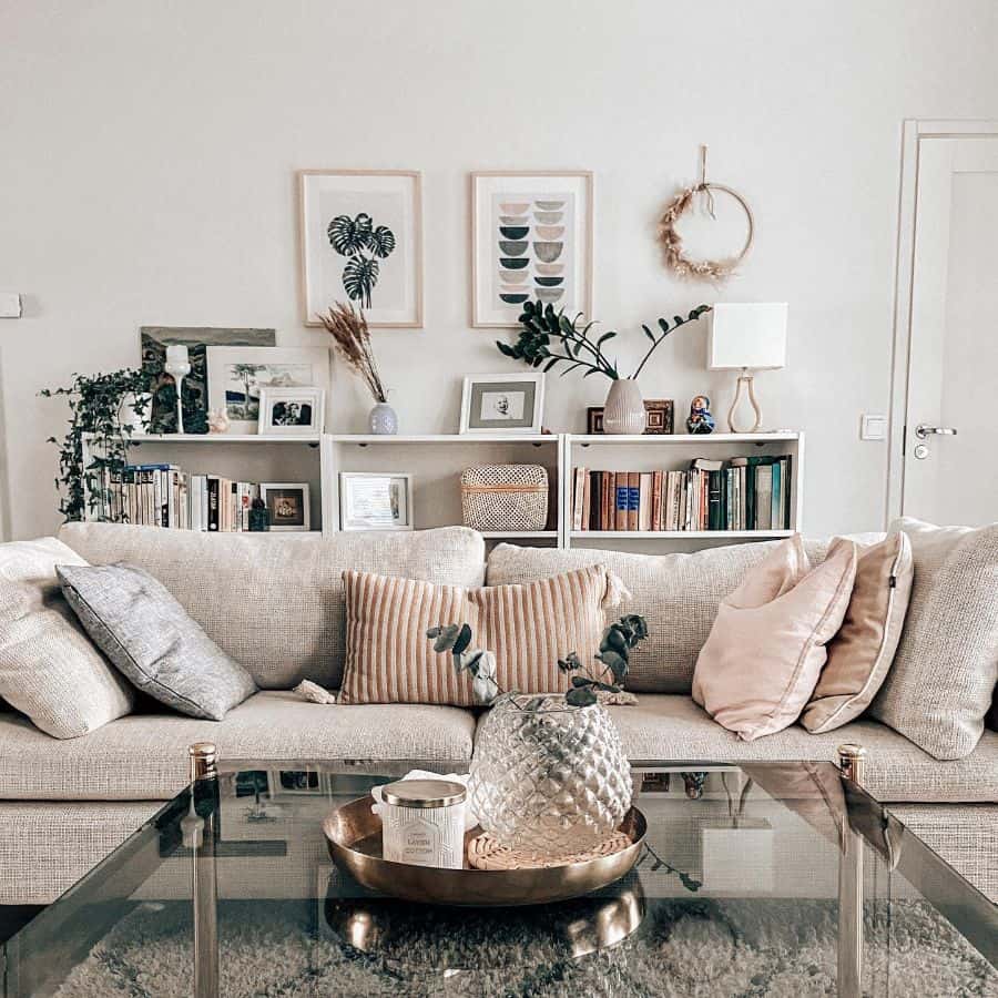 boho living room gray sofa glass coffee table bookshelf 