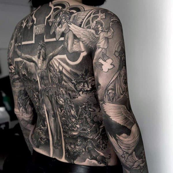 Grey White Religious Tattoo Male Sleeve