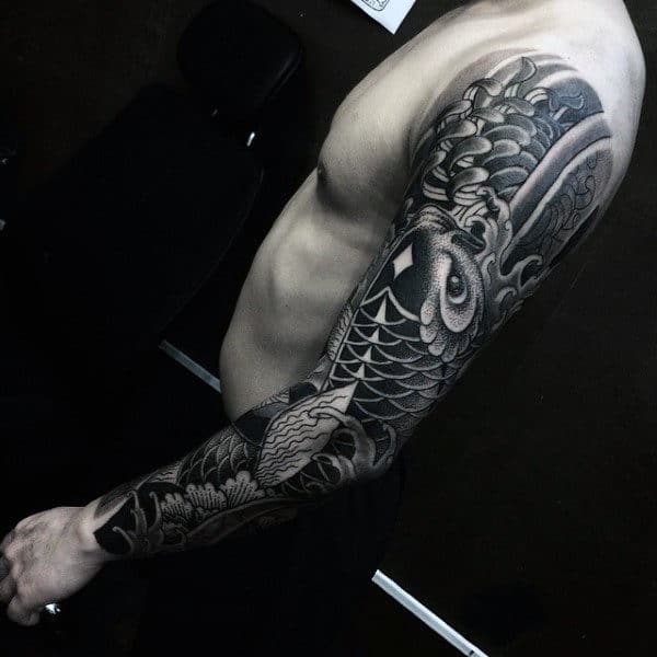 Greyish Japanese Sleeve Tattoo For Guys
