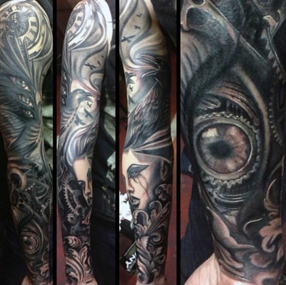 Greyish Steampunk Eye Tattoo Guys Full Sleeve