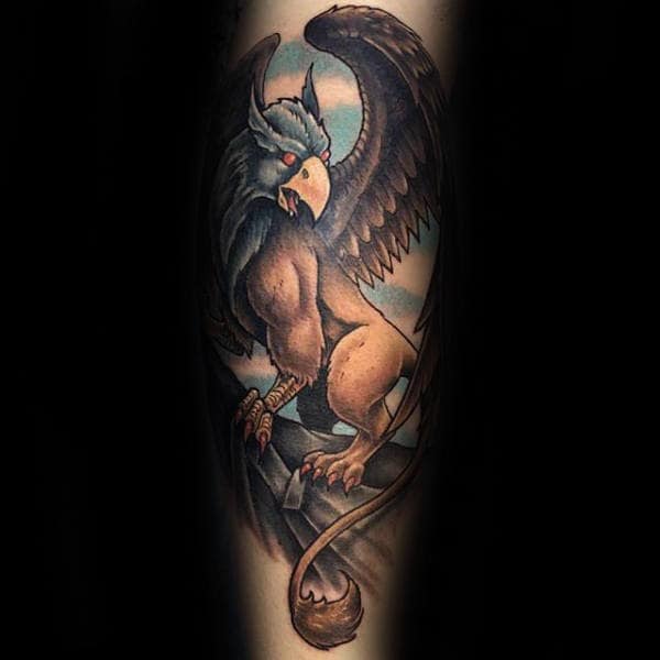 Griffin On Tree Mens Forearm Tattoos