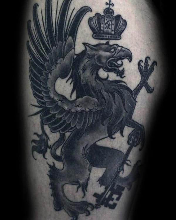 Griffin With Crown And Key Mens Arm Tattoo