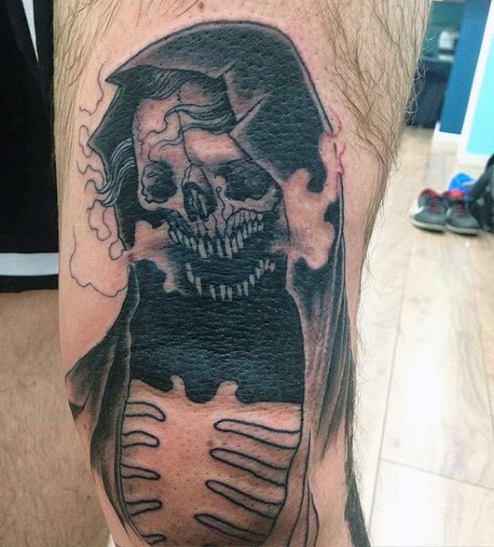 Grim Reaper Back Of Leg Tattoos Men