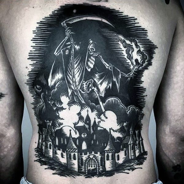 Grim Reaper Black Ink Mens Full Back Tattoo Design