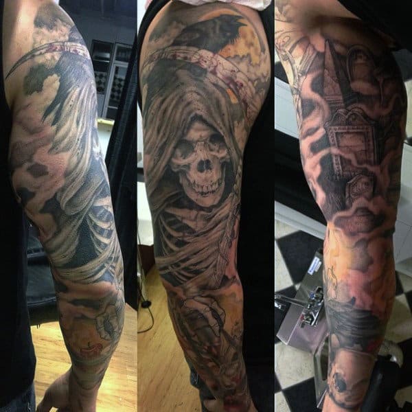 Full sleeve tattoo depicting the grim reaper, skull, Gothic architecture, and eerie graveyard