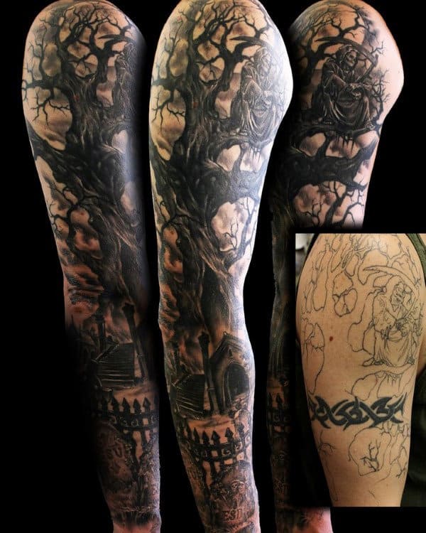 Dark fantasy full-sleeve tattoo featuring eerie twisted trees, a cloaked grim reaper, and a haunted graveyard, creating a gothic and atmospheric design.