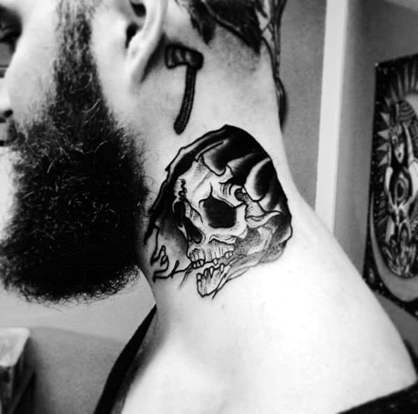 Grim Reaper Skull With Black Hood Mens Traditional Neck Tattoo