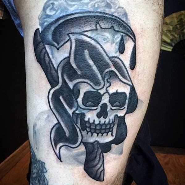 Blast over tattoo of a skull with a dripping black cloak and scythe