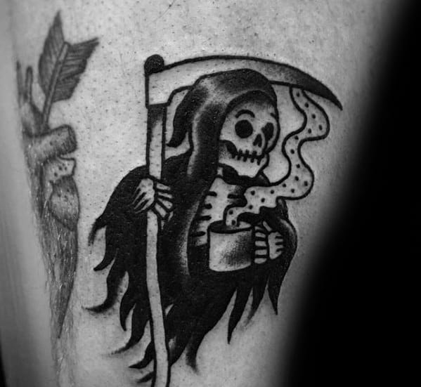 Grim Reaper Thigh Guys Coffee Tattoo