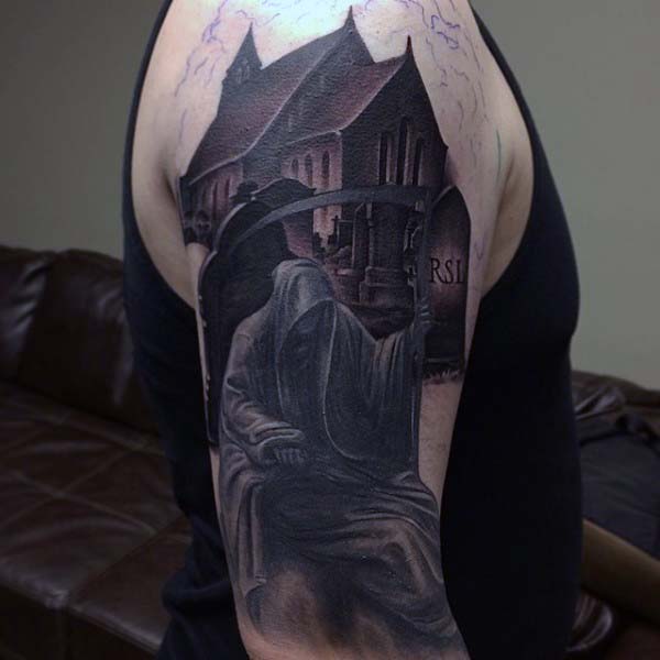 Grim Reaper Tombstone Mens Tattoo Half Sleeve Design