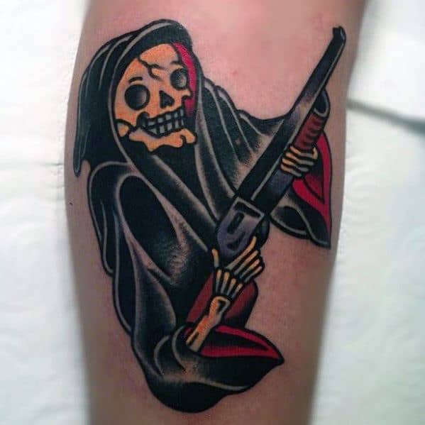 Neo-traditional Grim Reaper tattoo holding a shotgun, featuring bold black shading, red accents, and a sinister yet striking design.