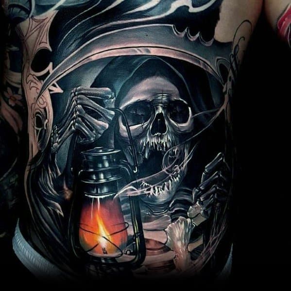 Realistic black and grey tattoo featuring a grim reaper holding a glowing lantern, with intense shading and eerie details for a dark, haunting design.