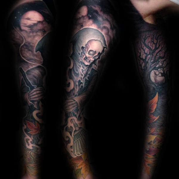 Grim Reaper With Rake Mens Fall Themed Full Sleeve Tattoos