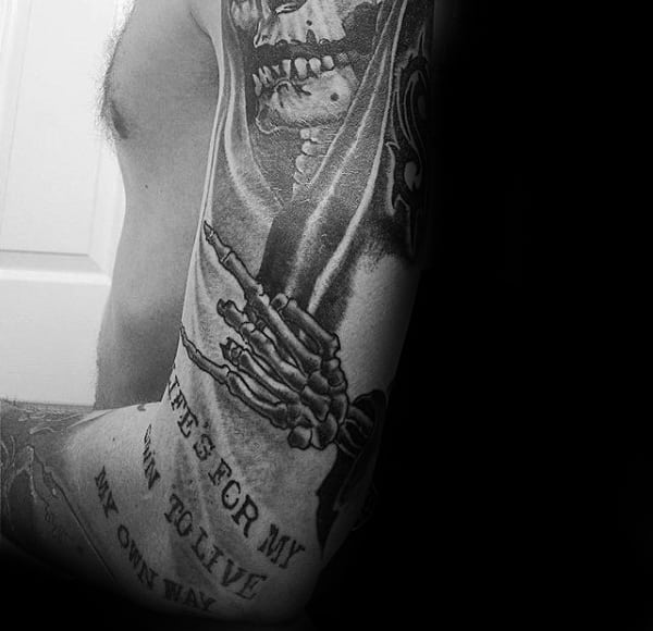 Grim Reaper With Typewriter Font Quote Mens Arm Sleeve Tattoo