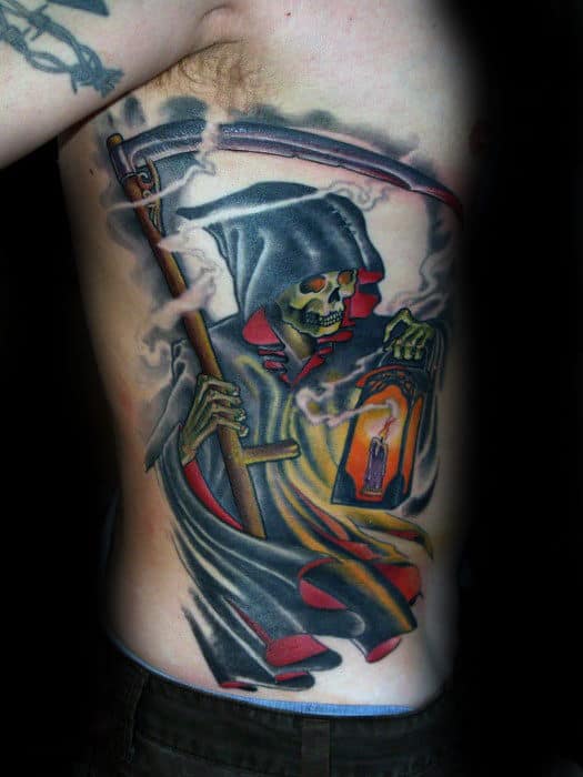 Grim Repear With Candle Lantern Traditional Mens Rib Cage Side Tattoos