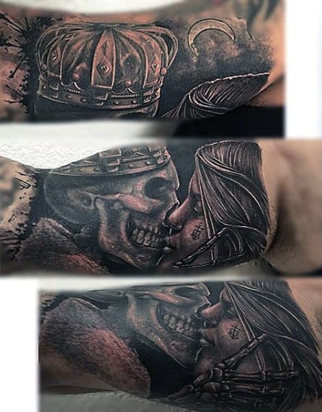 Grinning Skull With Crown Kissing Lady Tattoo Forearms Guys