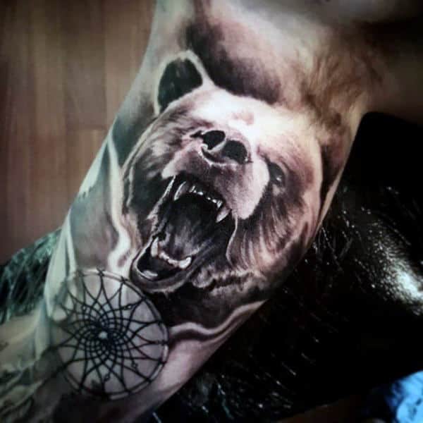 Growling Bear Dreamcatcher Shaded Ink Mens Tattoos