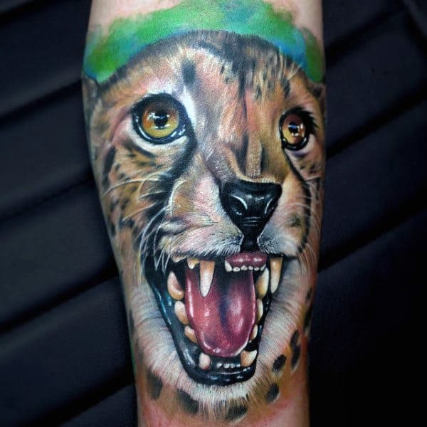 Growling Leopard Mens Forearm Sleeve Tattoo Design Ideas