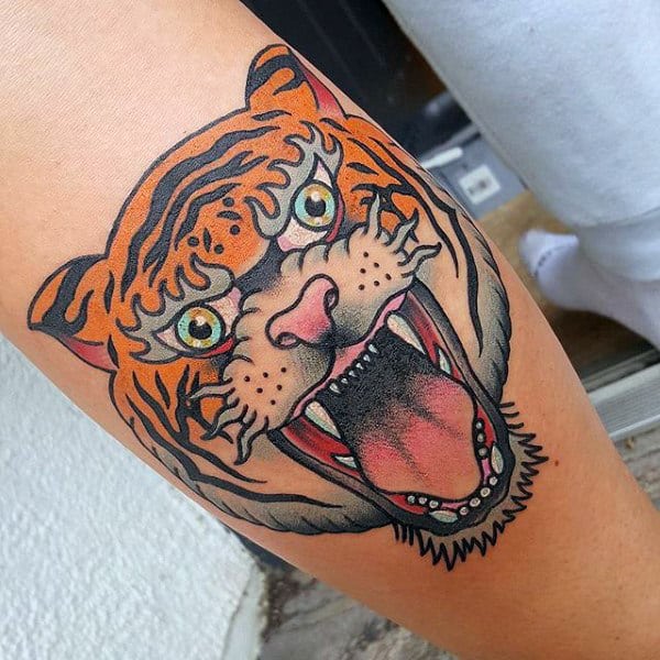 Growling Tiger Mens Traditional Leg Calf Tattoo Designs