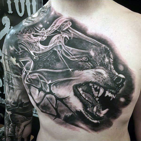 Growling Wolf Incredible Black Ink Guys Chest Tattoo