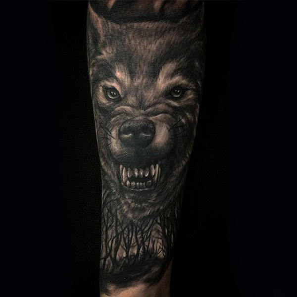 Growling Wolf Tree Sleeve Male Tattoo Ideas