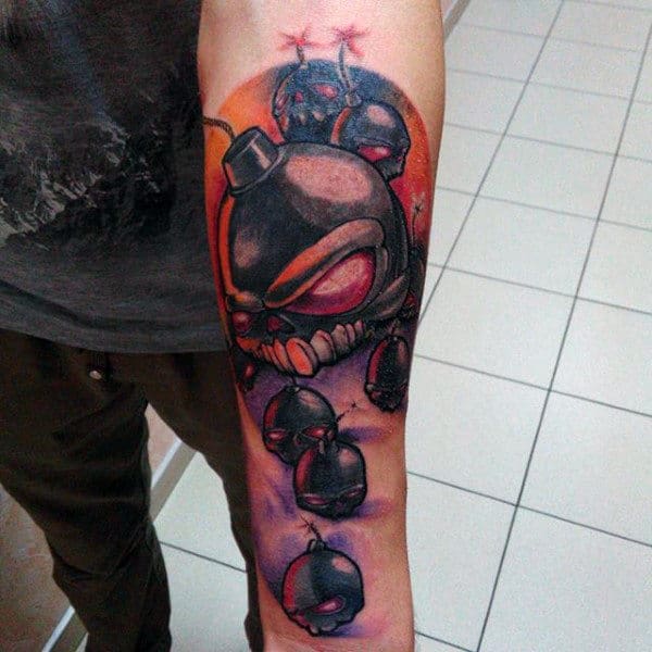 Grumpy Black Bombs Tattoo Male Forearms