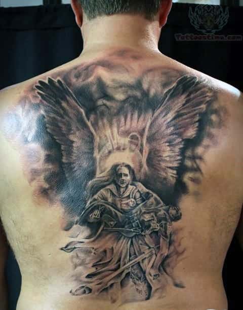 Detailed angel tattoo with wings covering a man's back