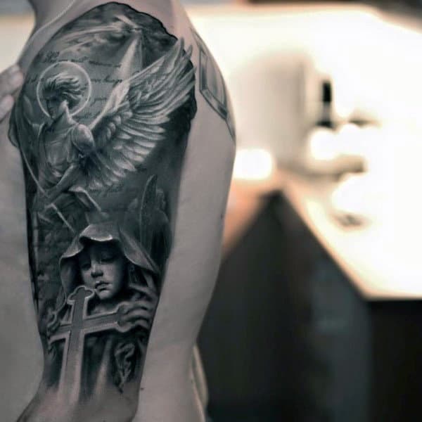 Guardian Angel With Halo And Cross Tattoo Males Arms