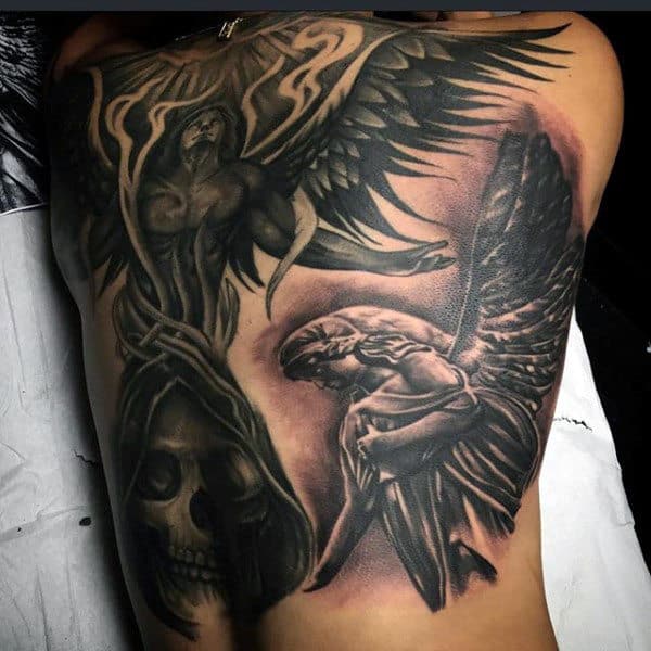 Guardian Angels And Hooded Skull Tattoo Male Back