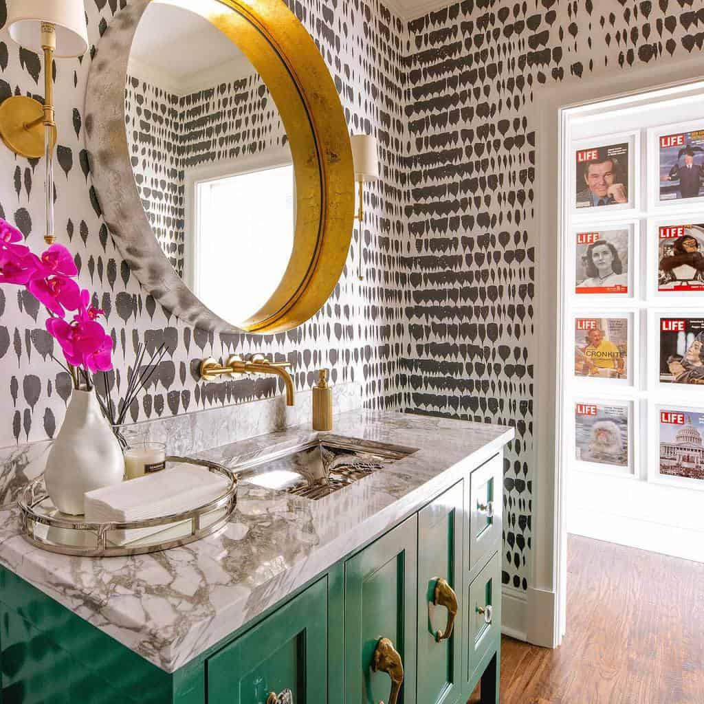 unique pattern wallpaper time magazines green vanity with marble countertop gold faucet