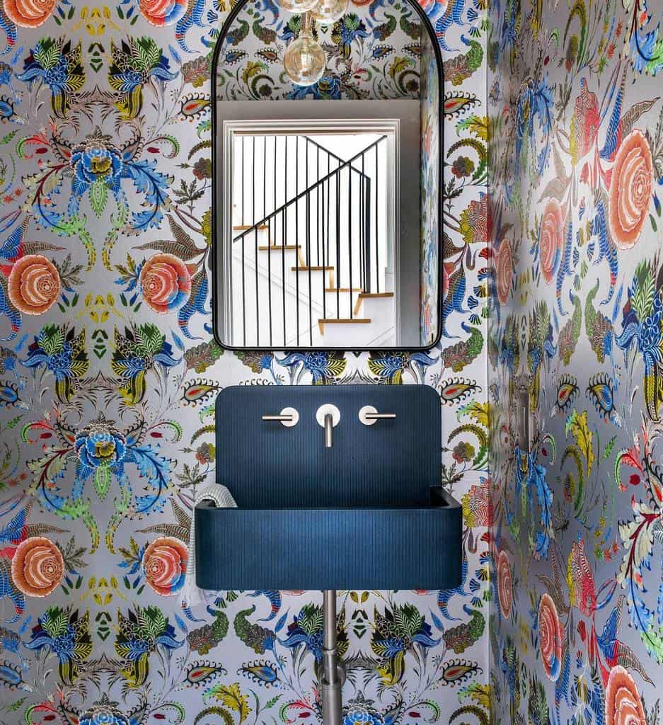 floral wallpaper blue sink gold accents bathroom