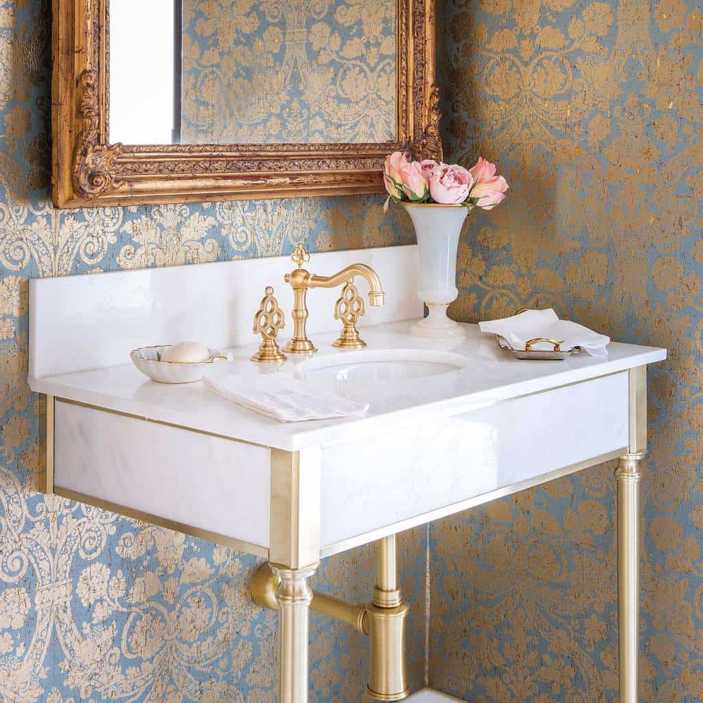 gold pattern wallpaper white vanity with gold accents elegant wall mirror frame