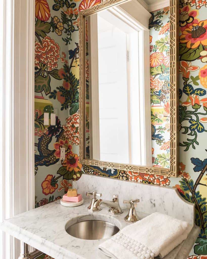 bathroom floral wallpaper large wall mirror marble sink