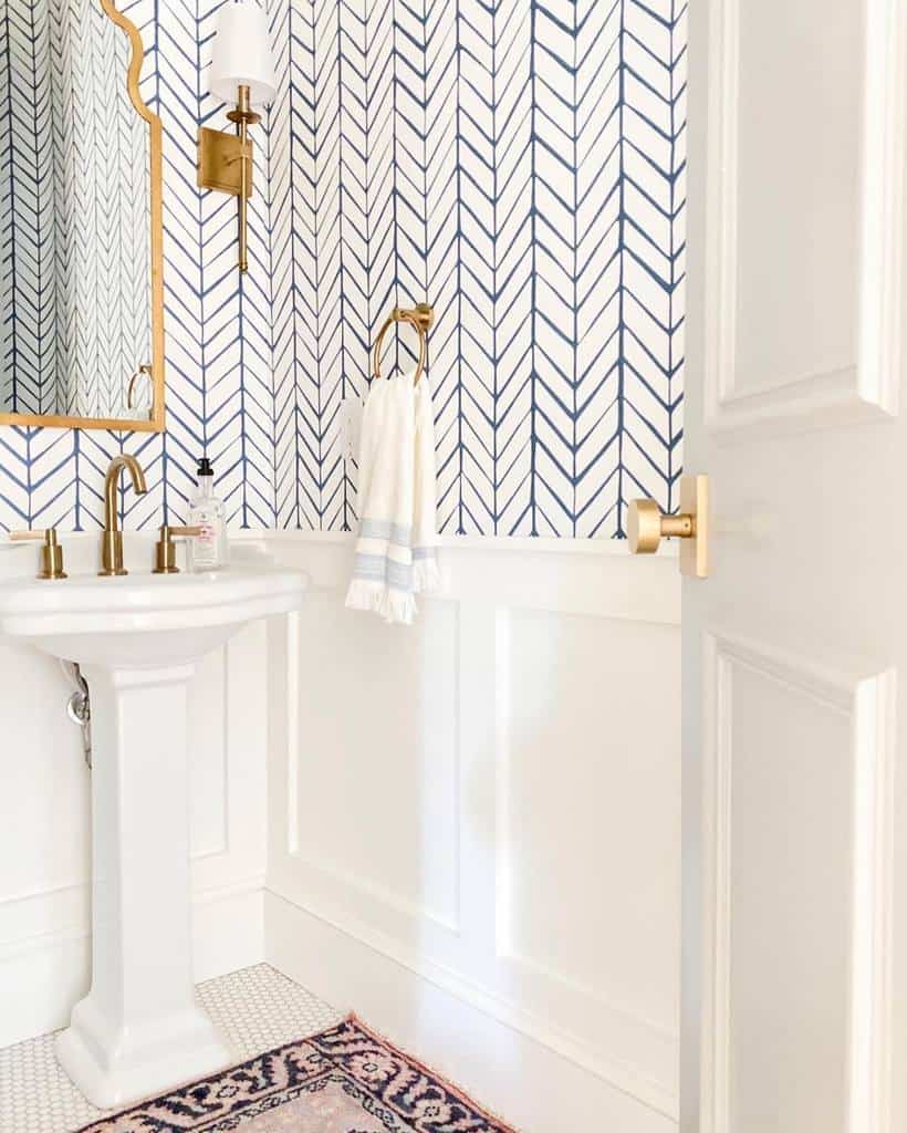 white subway tile blue grout modern bathroom gold accents
