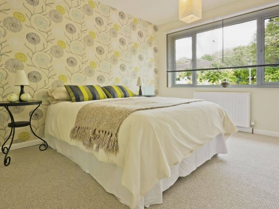 pattern wallpaper simple guest bedroom black bedside table