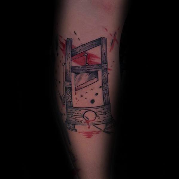 Sketch-style guillotine tattoo with wood grain detail, red splashes, and an abstract background for a dramatic, artistic effect.