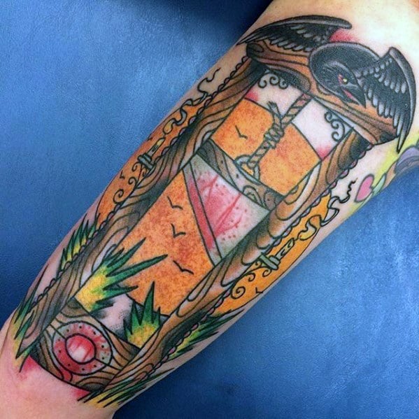 Vibrant guillotine tattoo with sunset scenery, lush greenery, a crow perched on top, and bold outlines for a surreal nature theme.