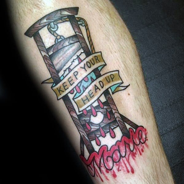 Colorful guillotine tattoo with dripping blood, a banner that says “KEEP YOUR HEAD UP,” and the word “Mom” written in red at the base.
