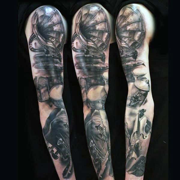 Guitar And Gramphone Image Tattoos Full Sleeve For Men