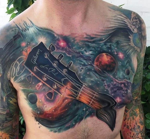 Guitar Outerspace Themed Artistic Mens Chest Tattoos