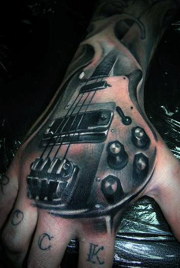 Guitar Realistic Male 3d Tattoo Designs On Hand