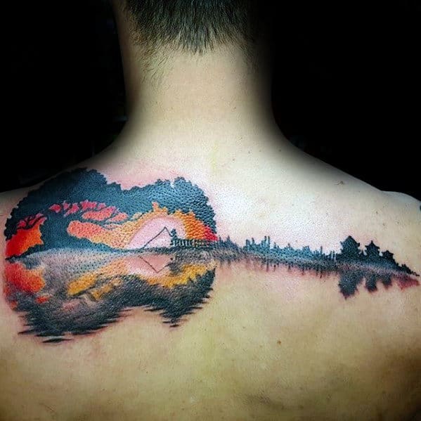 Guitar Sunset With Soundwave Design Upper Back Mens Cool Tattoo Ideas