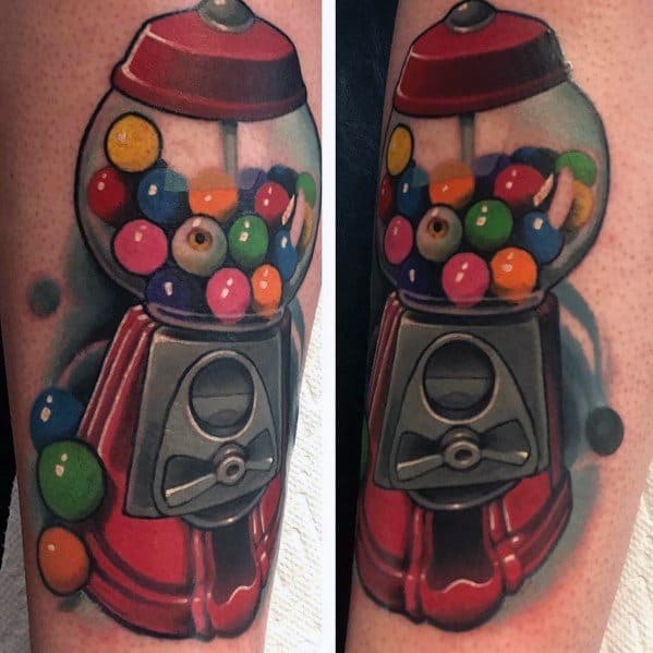 Vibrant gumball machine tattoo with colorful gumballs, some resembling eyeballs, blending nostalgia with a surreal twist in bold detail.