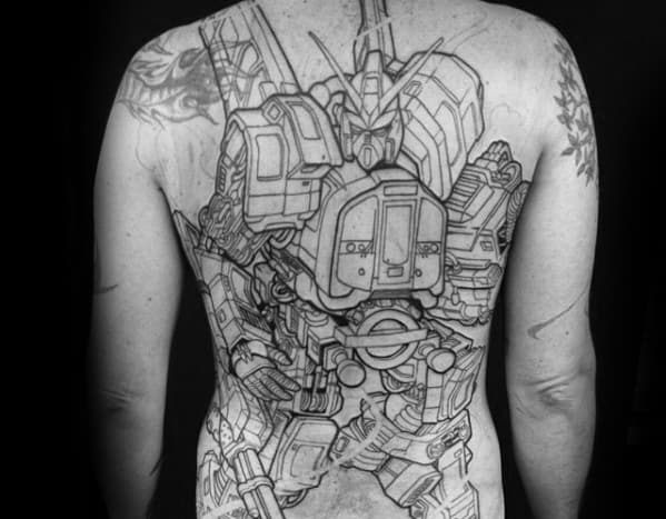 Gundam Tattoos Men On Back With Black Ink Outline Of Giant Robot