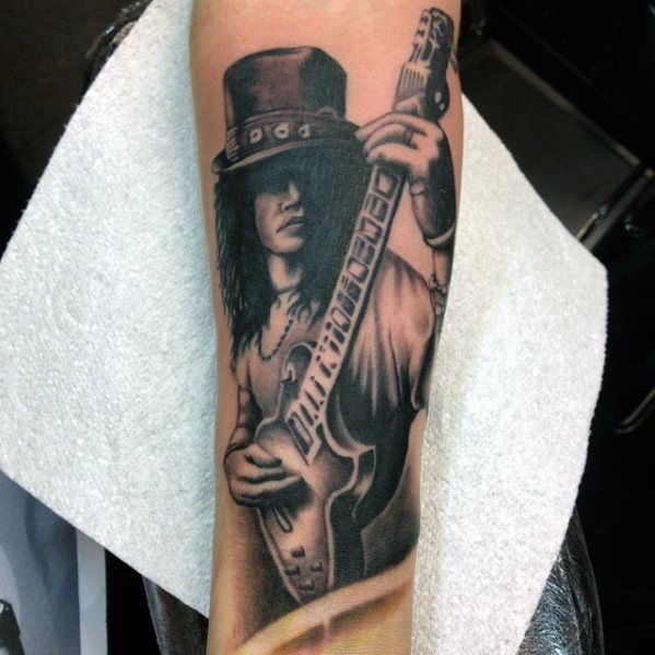 Realistic tattoo of a guitarist in a top hat playing an electric guitar, inspired by Slash from Guns N' Roses.