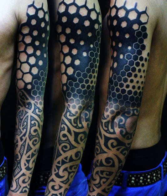 Guy Full Sleeves Dark Black Honeycomb And Mehendi Design Tatoo