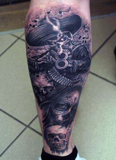 Tattoo of a skeleton gunslinger on a person's leg with a skull and intricate details