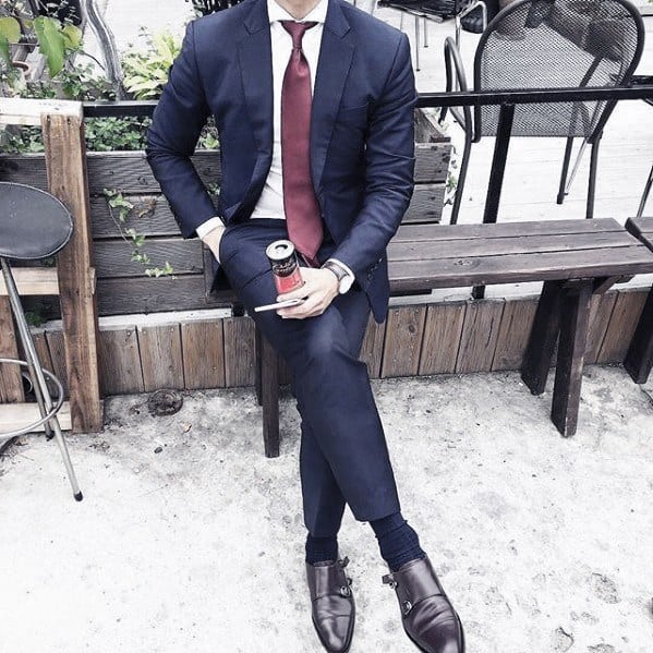Guy Navy Blue Suit Brown Shoes Style With Red Tie