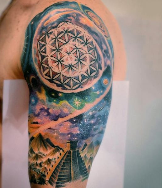Guy Pretty Geometric Pattern With Universe Design Tattoo On Arms