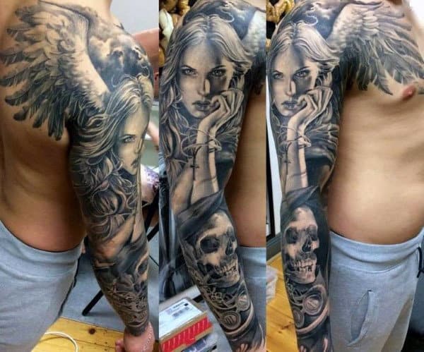 Guy Sleeves Pretty Guardian Angel And Skull Tattoo